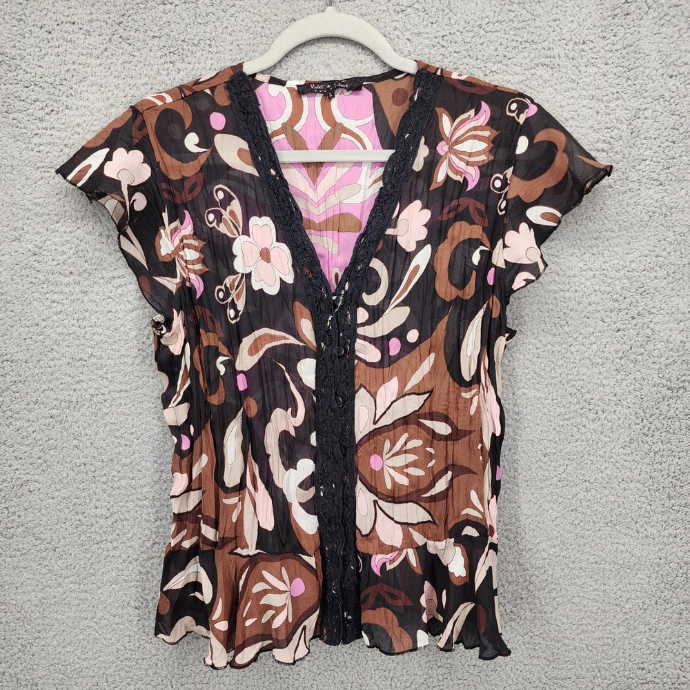 Violet‎ & Claire Brown Pink Floral Psychedelic Lace Trim Peplum Blouse Womens L